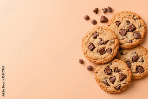 Top view of chocolate chip cookies on a solid background.