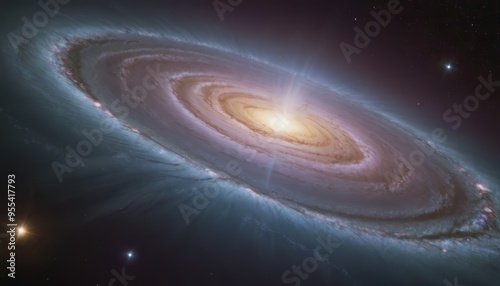A spiral galaxy with a bright core, surrounded by stars and dust.