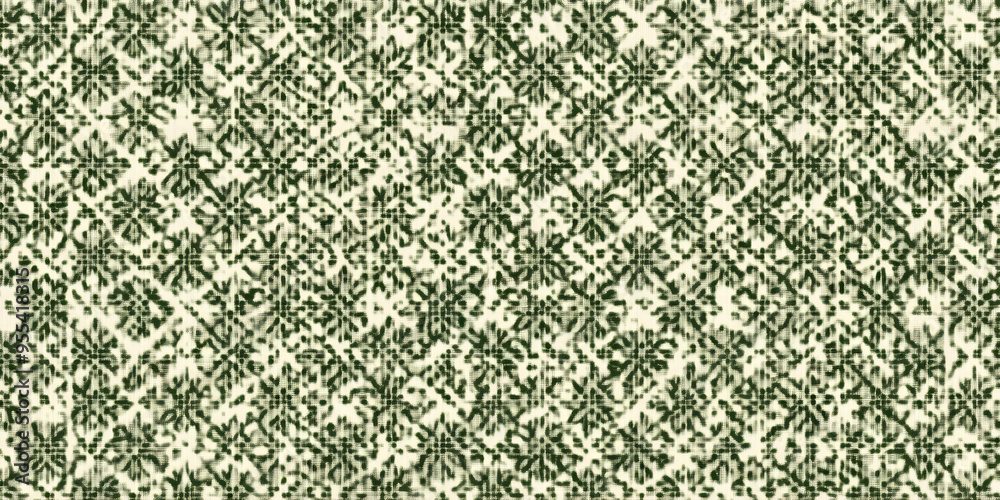 Batik small floral or sun motif in geometric squares on distressed boho textured linen in sage green and natural white. A fashion or interior design repeat wallpaper pattern textile. 3D rendering. Batik small floral or sun motif in geometric squares on distressed boho textured linen in sage green and natural white. A fashion or interior design repeat wallpaper pattern textile. 3D rendering.