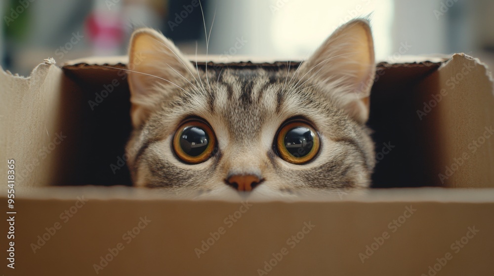 An adorable chubby cat peeking out from a cardboard box, its eyes wide with curiosity and mischief. An adorable chubby cat peeking out from a cardboard box, its eyes wide with curiosity and mischief.