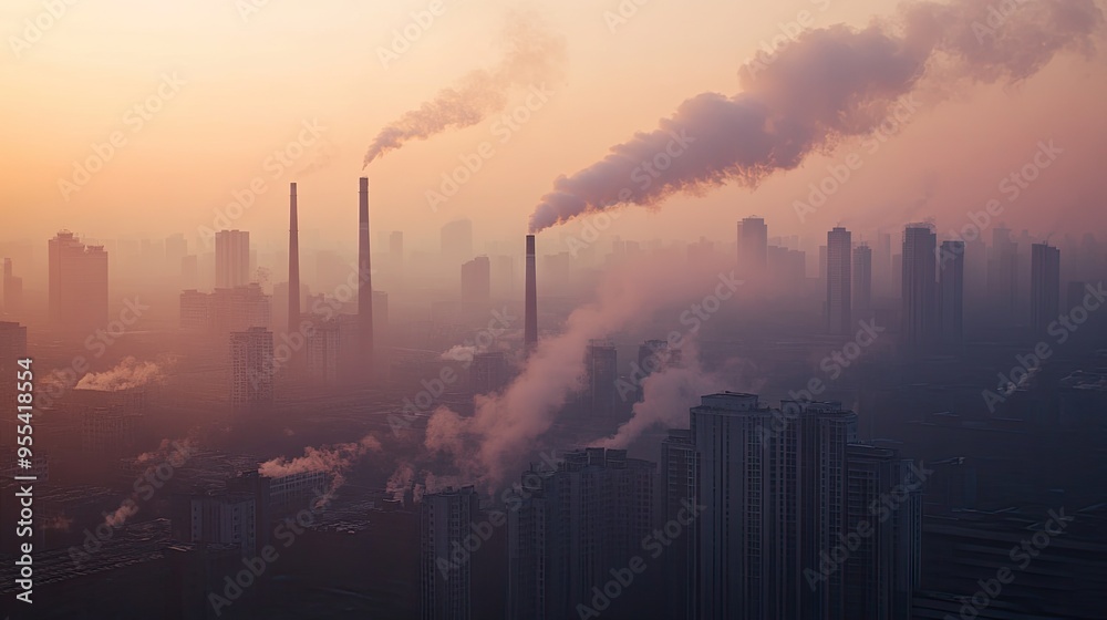 A city skyline obscured by thick smog, with factory chimneys emitting smoke, illustrating severe air pollution and its impact on urban areas. A city skyline obscured by thick smog, with factory chimneys emitting smoke, illustrating severe air pollution and its impact on urban areas.