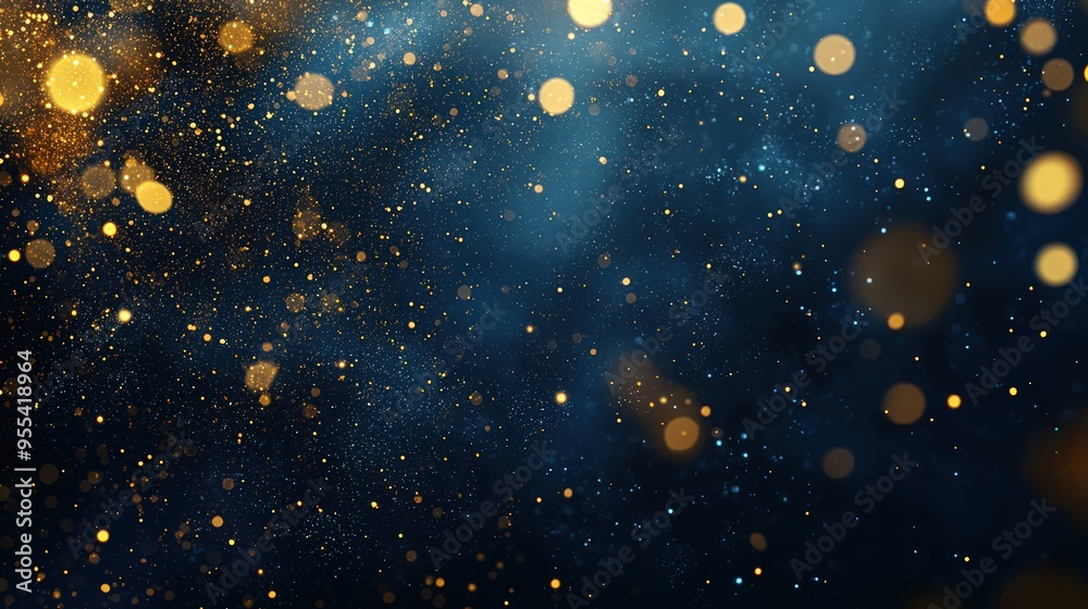 Dark blue abstract background with golden particles, ideal for Christmas or New Year, with space for text. Dark blue abstract background with golden particles, ideal for Christmas or New Year, with space for text.