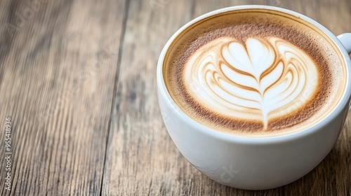 A perfectly brewed latte topped with artistic foam sits on a rustic wooden table in a cozy vintage cafe, creating an inviting atmosphere for coffee lovers.