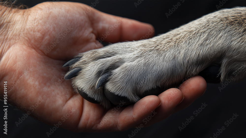 A human hand gently holds a dog's paw, showcasing the bond and trust between a person and an animal A human hand gently holds a dog's paw, showcasing the bond and trust between a person and an animal
