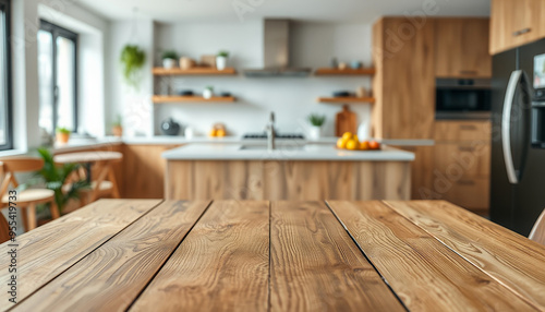 Empty wooden surface on blurred background of modern kitchen
