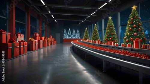 Santa Claus Christmas Factory Gift Assembly Line. Generated AI