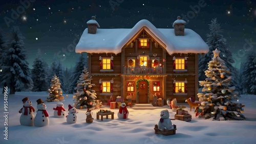 Magical Christmas Village Snowy Night Festive Holiday Scene . Generated AI