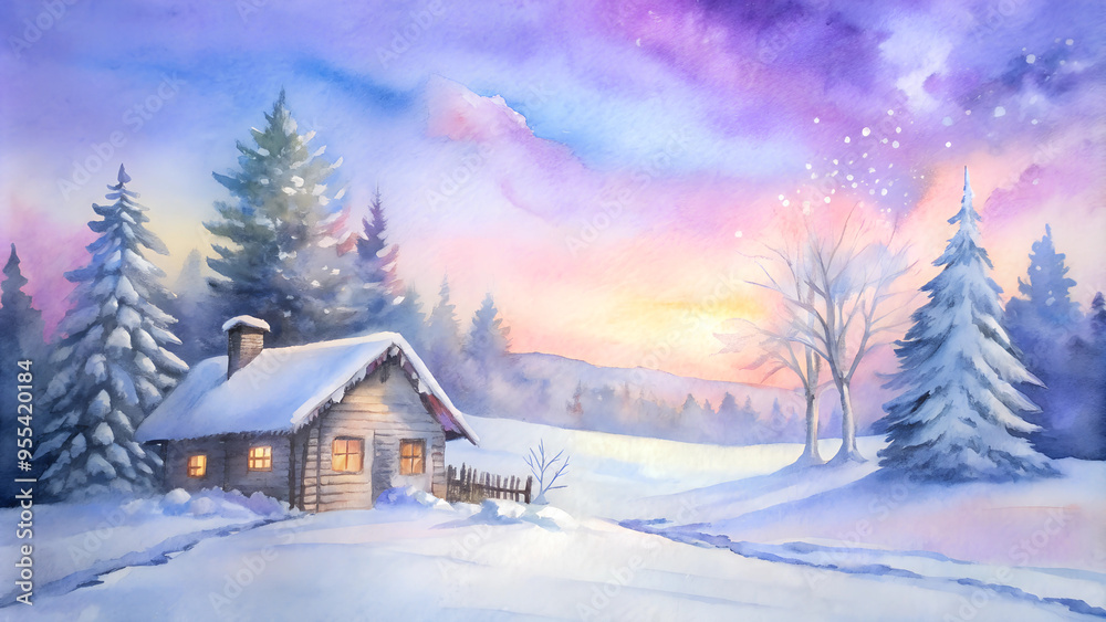 Naklejka premium Watercolor winter scene of a cozy log cabin at sunset with snowy surroundings