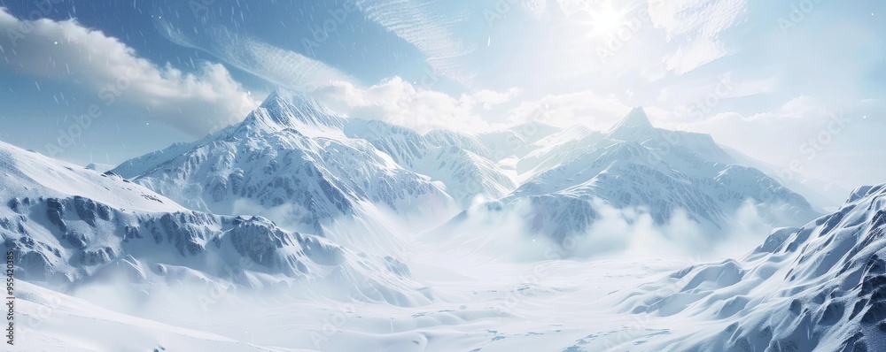 Snow-covered mountain range with a bright sky, 4K hyperrealistic photo, Snow-covered mountain range with a bright sky, 4K hyperrealistic photo,