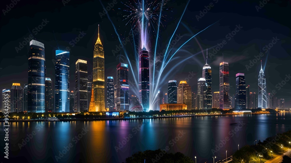 Obraz premium New Year's Eve Fireworks Over a Modern City Skyline. Generated AI