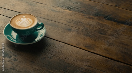 A perfectly brewed latte topped with artistic foam sits on a rustic wooden table in a cozy vintage cafe, creating an inviting atmosphere for coffee lovers photo