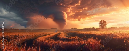 Tornado funnel cloud over farmland at sunset, 4K hyperrealistic photo photo