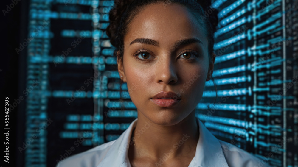 Obraz premium female scientist looking at camera in futuristic server room