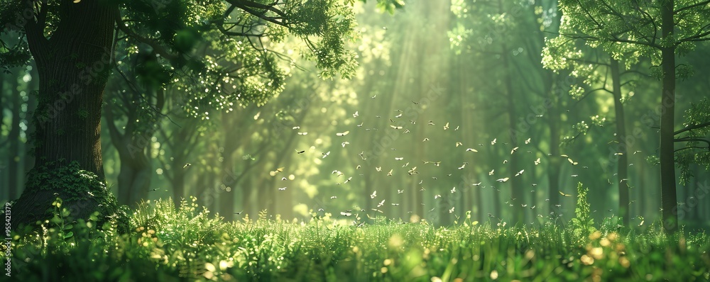 Fototapeta premium Tranquil forest scene with birds chirping, 4K hyperrealistic photo