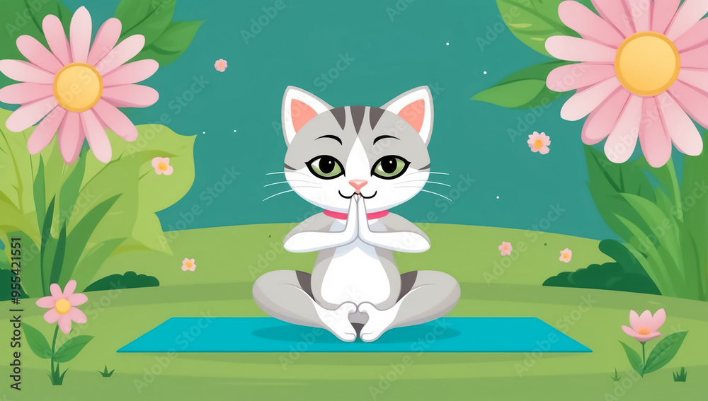 Fototapeta premium cute cartoon cat in yoga pose , flowers, flat design illustration