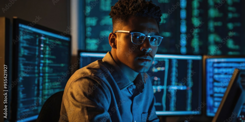 Focused african american programmer in eyeglasses working on computer in dark office Focused african american programmer in eyeglasses working on computer in dark office