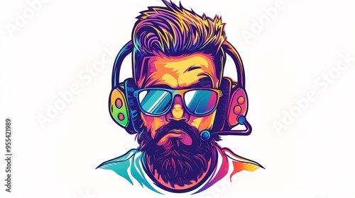 A detailed gamer streamer mascot logo featuring a confident character with a headset and gaming controller, illustrated with crisp lines and vibrant colors, set against a solid white background.