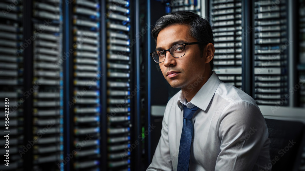 asian man in datacenter server room looking at camera asian man in datacenter server room looking at camera