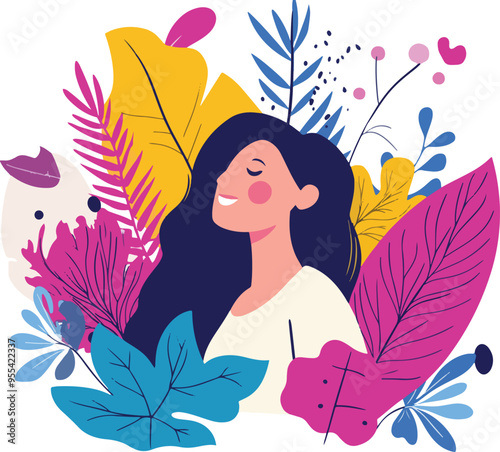 Vibrant illustration of a woman surrounded by large colorful leaves and plants

