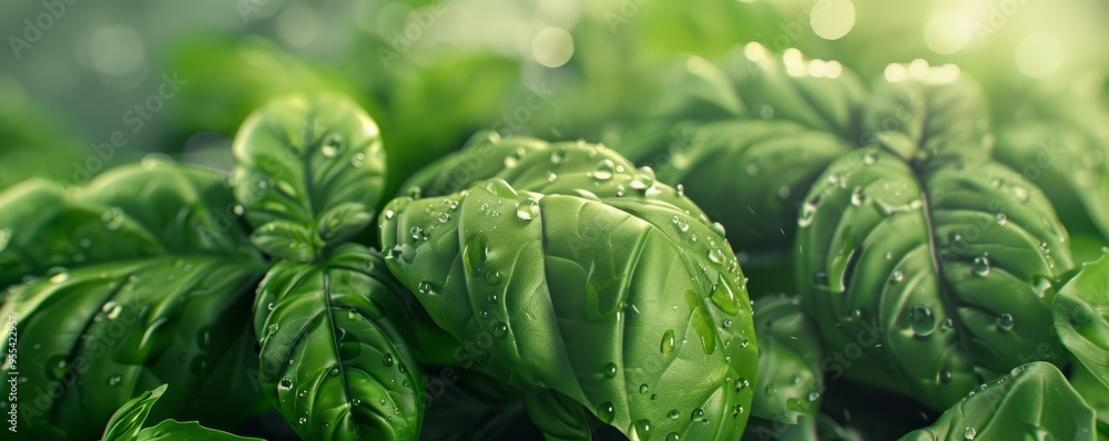 Fresh basil leaves with water droplets, 4K hyperrealistic photo Fresh basil leaves with water droplets, 4K hyperrealistic photo