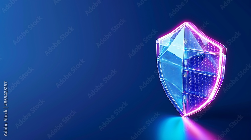 Futuristic digital shield with neon lights on a dark blue background symbolizing cybersecurity, protection, and modern technology. Futuristic digital shield with neon lights on a dark blue background symbolizing cybersecurity, protection, and modern technology.