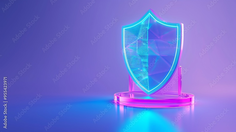 Futuristic glowing neon shield symbolizing cybersecurity and digital protection, set against a modern purple background. Futuristic glowing neon shield symbolizing cybersecurity and digital protection, set against a modern purple background.