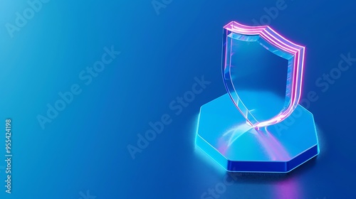 Futuristic glowing shield icon on a blue background, representing digital security, protection, and technology. 3D rendered illustration.