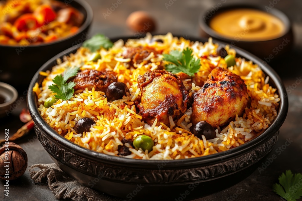 A bowl of spicy chicken biryani, a fragrant and colorful Indian rice dish, garnished with fresh herbs and served with a side of curry. A bowl of spicy chicken biryani, a fragrant and colorful Indian rice dish, garnished with fresh herbs and served with a side of curry.