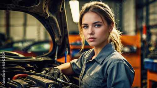 Beautiful young woman working in a car repair shop.