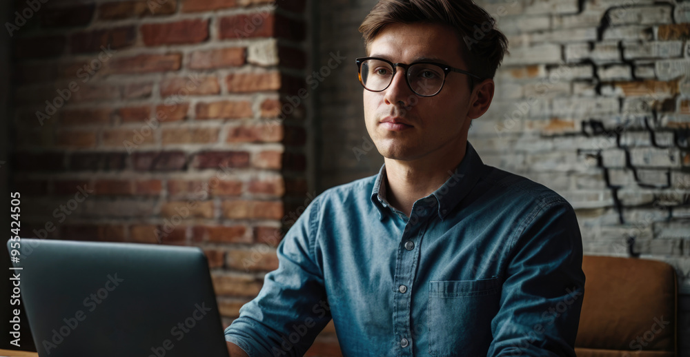 Web developer. Handsome young man in eyeglasses using laptop. Web developer. Handsome young man in eyeglasses using laptop.