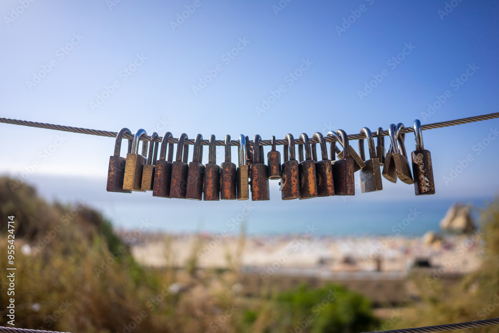 Various padlocks attached to a wire fence with a beach in the background, symbolizing love and commitment. Various padlocks attached to a wire fence with a beach in the background, symbolizing love and commitment.