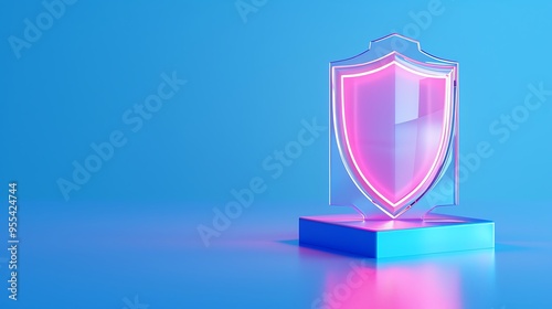 Futuristic glowing shield on a pedestal, symbolizing cyber security, data protection, and digital safety on a blue background.