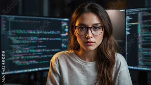 Female web developer. woman in eyeglasses looking at camera