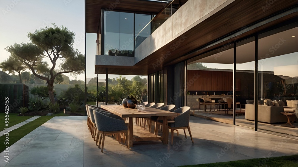Stunning Modern Luxury Villa with Expansive Glass Facade, Outdoor Dining Space, and Private Pool Surrounded by Elegant Landscaping Stunning Modern Luxury Villa with Expansive Glass Facade, Outdoor Dining Space, and Private Pool Surrounded by Elegant Landscaping
