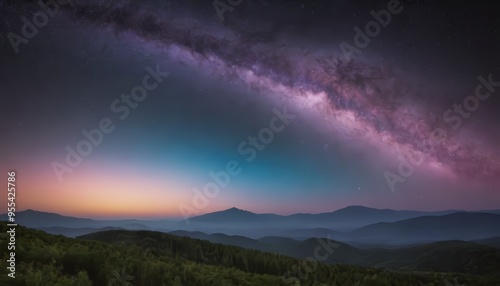 Milky Way Galaxy over a mountain range at dusk.