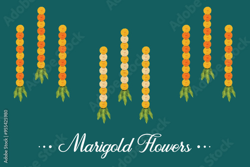 Marigold Flower Garland And Mango Leaves Hanging On Auspicious Traditional Hindu Festival. Vector Illustration for Festive Elements