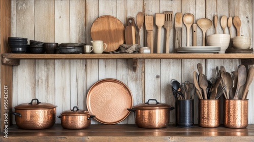 An organized kitchen display with copper pots, enamelware, and wooden utensils arranged on a farmhouse-style shelf, adding warmth and charm to the culinary space.