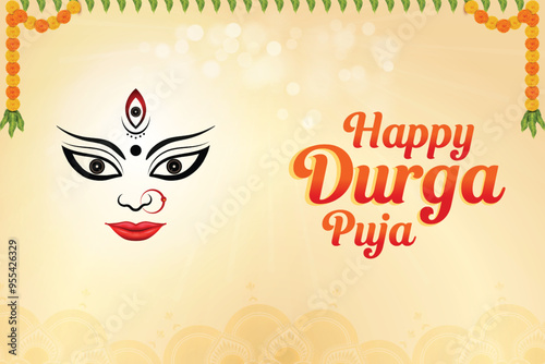 Illustration of Goddess Durga on Beige Background With Marigold Flowers And Mango Leaves. Indian Hindu Festival Concept.