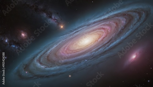 A spiral galaxy with a bright core, surrounded by dust and gas.