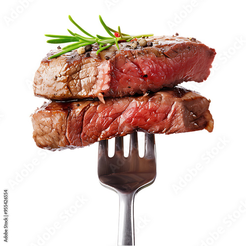 Pork Meat on Fork isolated on white background