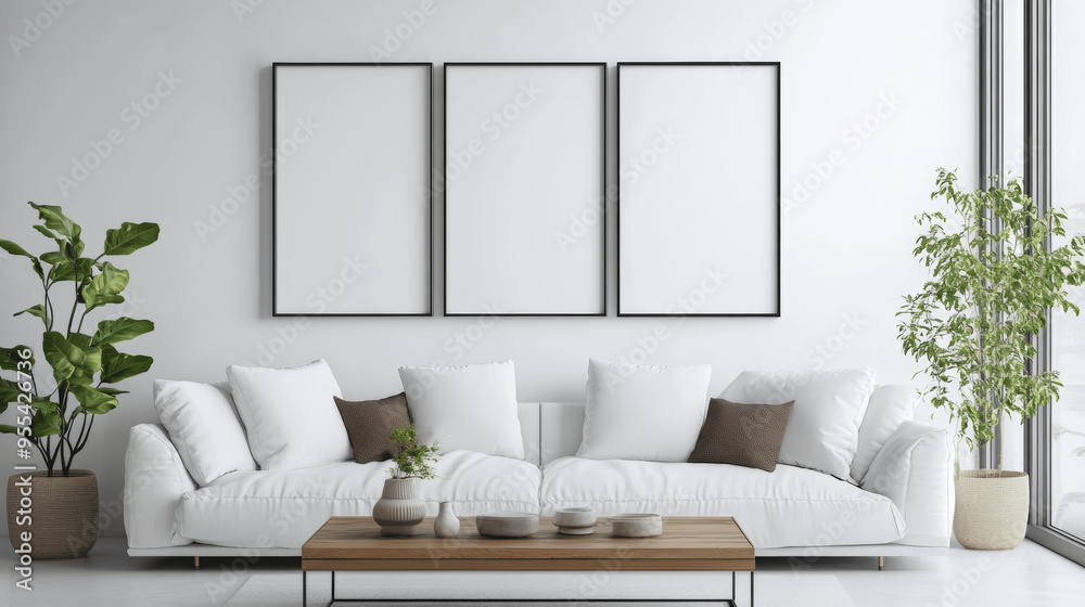 Japanese Living Room with Square Coffee Table, White Sofa, and Rustic Cabinets - Poster frames Japanese Living Room with Square Coffee Table, White Sofa, and Rustic Cabinets - Poster frames
