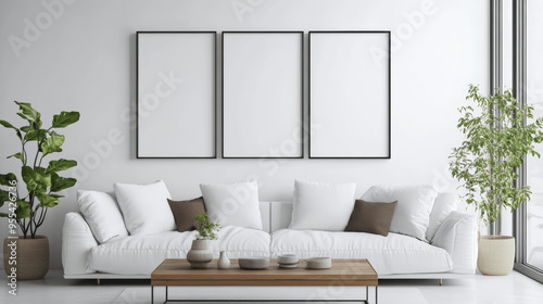 Japanese Living Room with Square Coffee Table, White Sofa, and Rustic Cabinets - Poster frames 