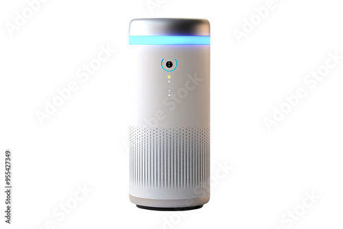 A white air purifier with a blue light and a small camera on the top.
