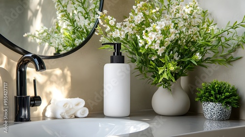 Shampoo, Hand Soap Bottle Mockup with Blank Label Design in Modern Bathroom.