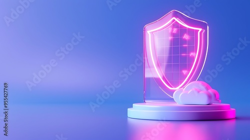 Futuristic neon shield protecting cloud storage, symbolizing cybersecurity and data protection in a digital technology concept.