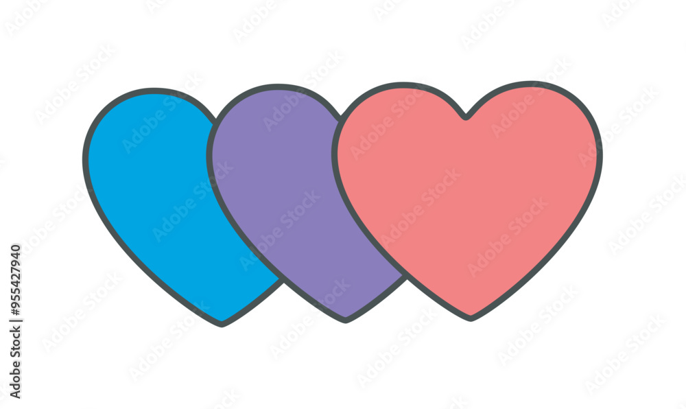 A vector illustration of three hearts in different colors blue purple and red on a white background The flat design style gives it a modern and clean look A vector illustration of three hearts in different colors blue purple and red on a white background The flat design style gives it a modern and clean look