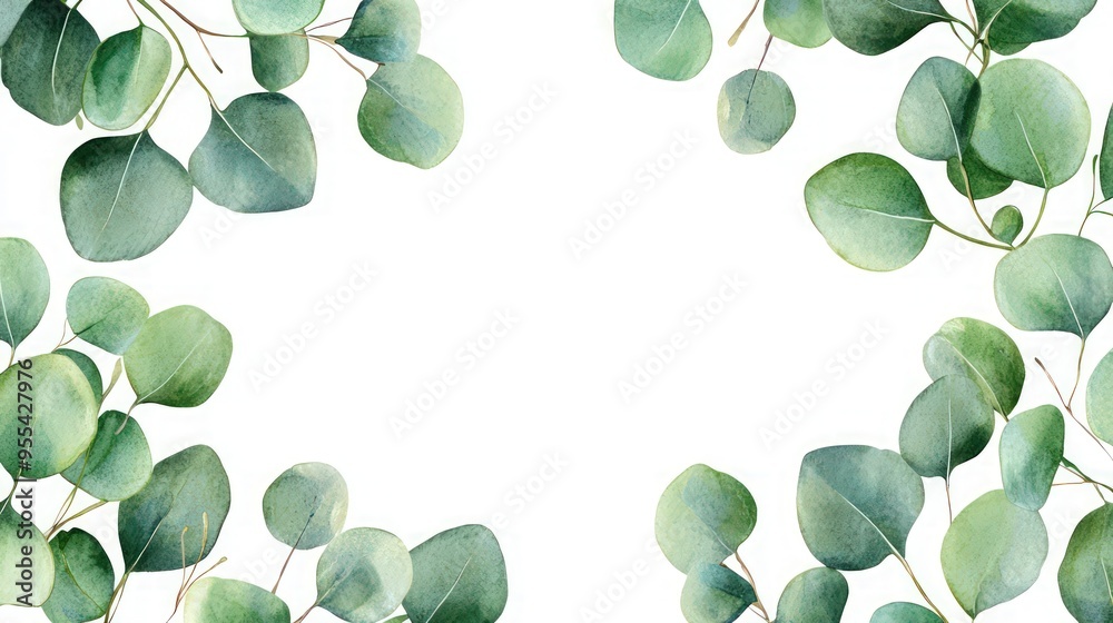 Frame of herbal eucalyptus leaves in watercolor style on a white background.