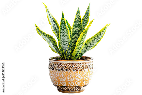 A potted snake plant with long, green and yellow striped leaves in a decorative pot with a brown and white patterned design. photo