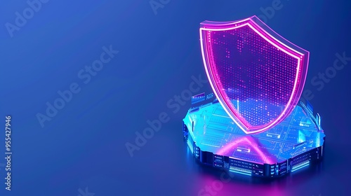 Futuristic neon shield representing cybersecurity and digital protection in a blue technological environment.