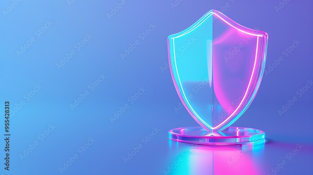 Futuristic neon shield symbolizing cybersecurity and protection on a gradient blue background, representing safety and defense. Futuristic neon shield symbolizing cybersecurity and protection on a gradient blue background, representing safety and defense.